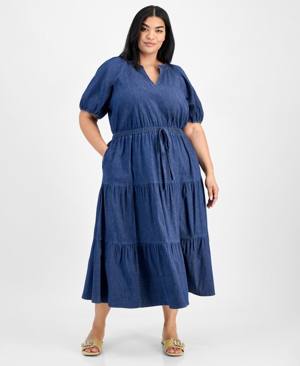 Anne Klein Plus Size Puff-Sleeve Tiered Midi Dress Blue Size 3X 3738